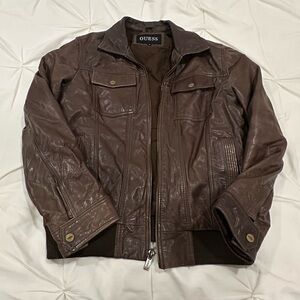 GUESS Brown Leather Bomber Jacket